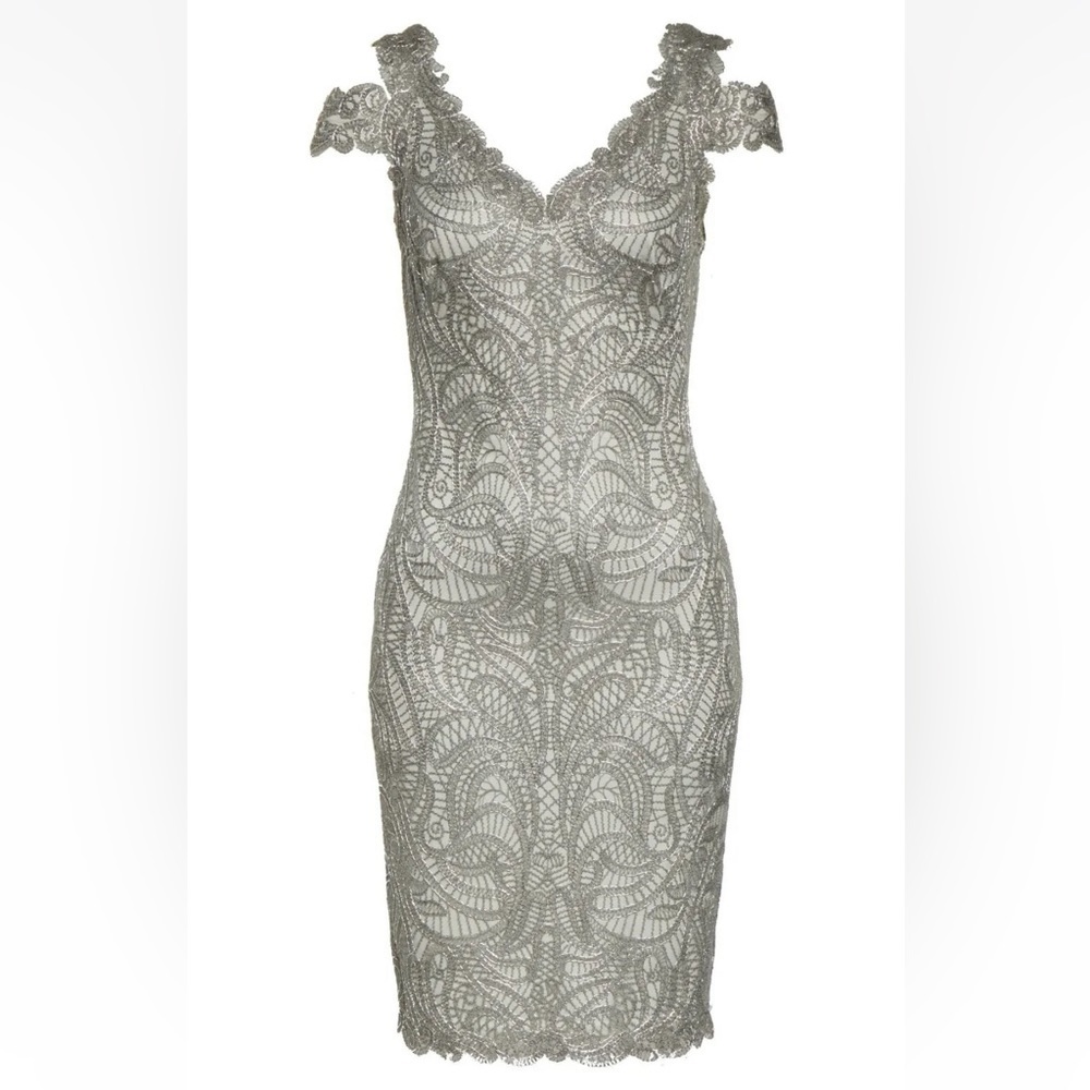 Tadashi Shoji Embroidered Corded Lace Cold Shoulder Cocktail Dress